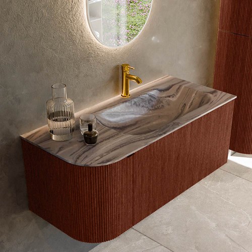 KURVE-DLUX 105cm mueble de baño curva Izquierda color Ruby con 1 cajón y 1 puerta. Lavabo BIG SMALL Derecho 1 orificio Sombra.