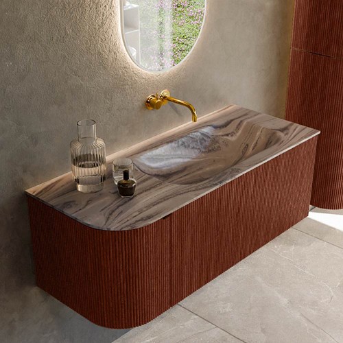 KURVE-DLUX 115cm mueble de baño curva Izquierda color Ruby con 1 cajón y 1 puerta. Lavabo BIG SMALL Derecho sin orificio Sombra.
