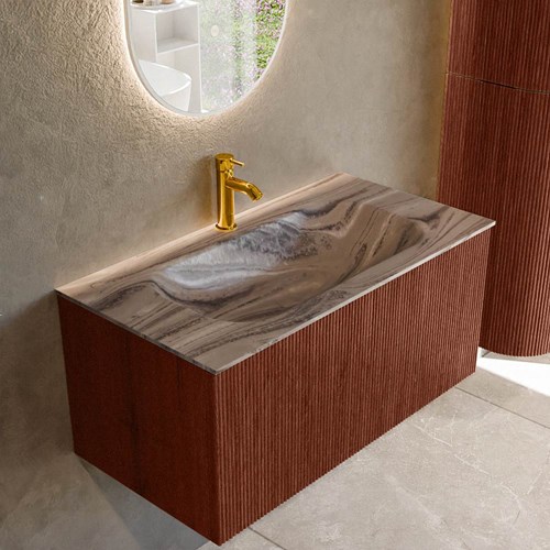 KURVE-DLUX 90cm mueble de baño color Ruby con 1 cajón y sin puerta. Lavabo BIG SMALL Centro 1 orificio Sombra.