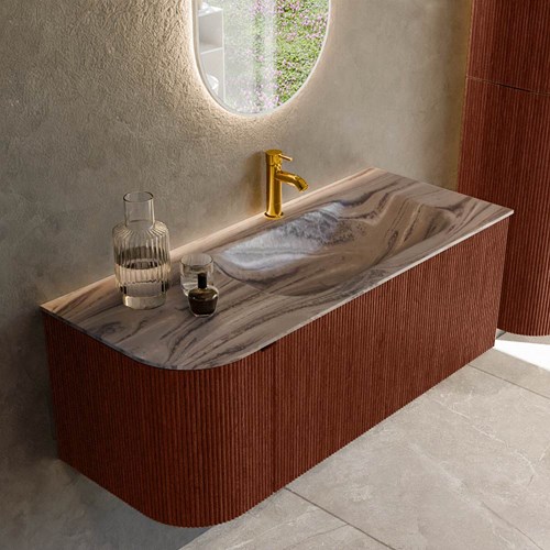 KURVE-DLUX 115cm mueble de baño curva Izquierda color Ruby con 1 cajón y 1 puerta. Lavabo BIG SMALL Derecho 1 orificio Sombra.