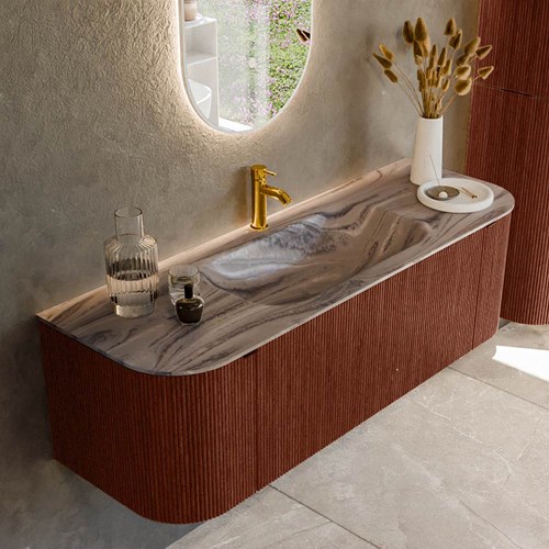 KURVE-DLUX 140cm mueble de baño curva Izquierda + Derecha color Ruby con 1 cajón y 2 puertas. Lavabo BIG SMALL Centro 1 orificio Sombra.