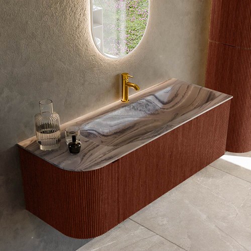 KURVE-DLUX 125cm mueble de baño curva Izquierda color Ruby con 1 cajón y 1 puerta. Lavabo BIG MEDIUM Derecho 1 orificio Sombra.