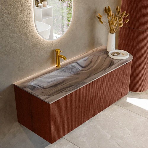KURVE-DLUX 125cm mueble de baño curva Derecha color Ruby con 1 cajón y 1 puerta. Lavabo BIG MEDIUM Izquierda 1 orificio Sombra.