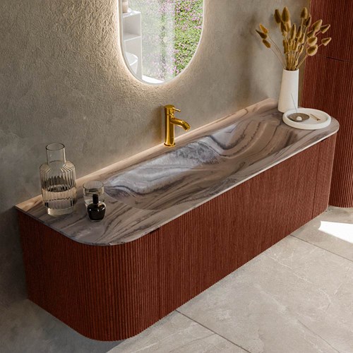 KURVE-DLUX 150cm mueble de baño curva Izquierda + Derecha color Ruby con 1 cajón y 2 puertas. Lavabo BIG MEDIUM Centro 1 orificio Sombra.