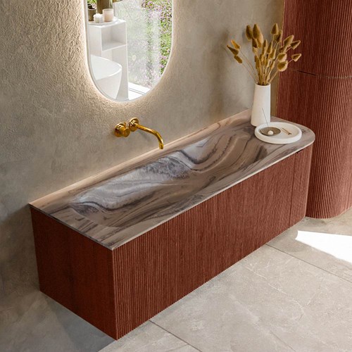 KURVE-DLUX 135cm mueble de baño curva Derecha color Ruby con 1 cajón y 1 puerta. Lavabo BIG MEDIUM Izquierda sin orificio Sombra.