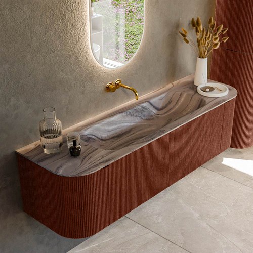 KURVE-DLUX 160cm mueble de baño curva Izquierda + Derecha color Ruby con 1 cajón y 2 puertas. Lavabo BIG MEDIUM Centro sin orificio Sombra.