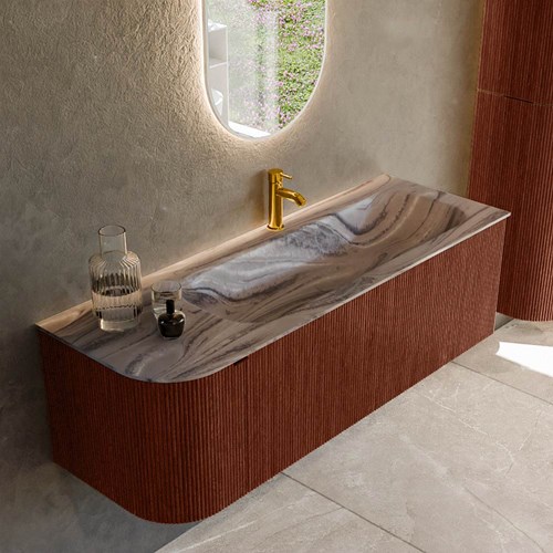 KURVE-DLUX 135cm mueble de baño curva Izquierda color Ruby con 1 cajón y 1 puerta. Lavabo BIG MEDIUM Derecho 1 orificio Sombra.