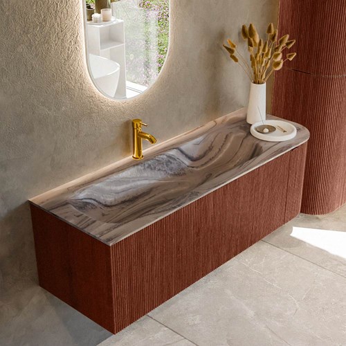 KURVE-DLUX 135cm mueble de baño curva Derecha color Ruby con 1 cajón y 1 puerta. Lavabo BIG MEDIUM Izquierda 1 orificio Sombra.