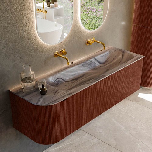 KURVE-DLUX 145cm mueble de baño curva Izquierda color Ruby con 1 cajón y 1 puerta. Lavabo BIG LARGE Derecho sin orificio Sombra.