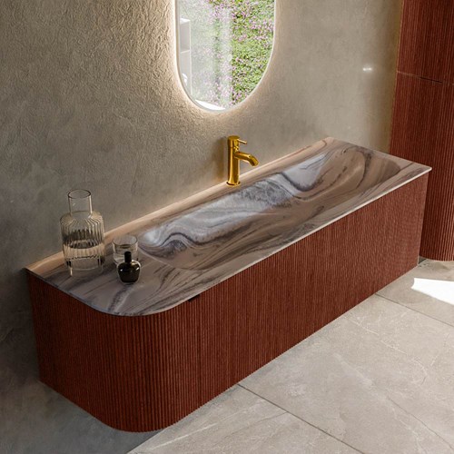 KURVE-DLUX 145cm mueble de baño curva Izquierda color Ruby con 1 cajón y 1 puerta. Lavabo BIG LARGE Derecho 1 orificio Sombra.