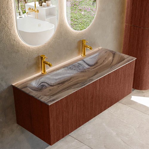 KURVE-DLUX 120cm mueble de baño color Ruby con 1 cajón y sin puerta. Lavabo BIG LARGE Centro 2 orificios Sombra.