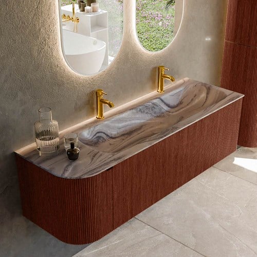 KURVE-DLUX 145cm mueble de baño curva Izquierda color Ruby con 1 cajón y 1 puerta. Lavabo BIG LARGE Derecho 2 orificios Sombra.