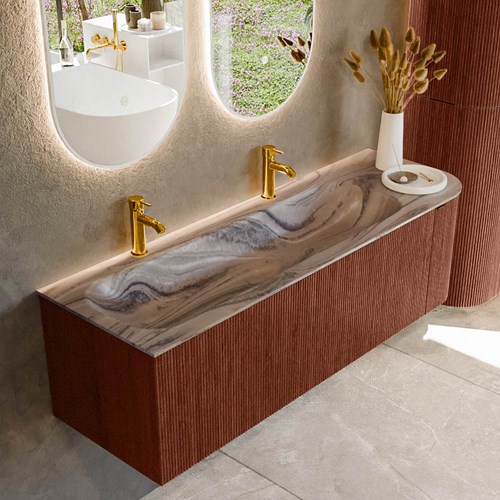 KURVE-DLUX 145cm mueble de baño curva Derecha color Ruby con 1 cajón y 1 puerta. Lavabo BIG LARGE Izquierda 2 orificios Sombra.