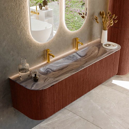 KURVE-DLUX 170cm mueble de baño curva Izquierda + Derecha color Ruby con 1 cajón y 2 puertas. Lavabo BIG LARGE Centro 2 orificios Sombra.