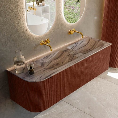 KURVE-DLUX 145cm mueble de baño curva Izquierda color Ruby con 1 cajón y 1 puerta. Lavabo LEAF Doble / Derecho sin orificio Sombra.