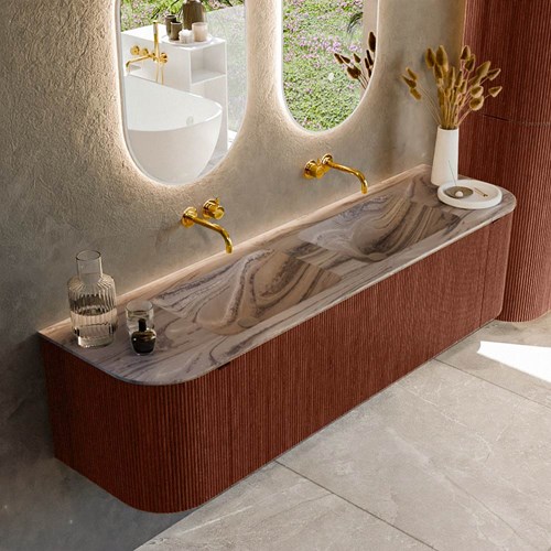 KURVE-DLUX 170cm mueble de baño curva Izquierda + Derecha color Ruby con 1 cajón y 2 puertas. Lavabo LEAF Doble sin orificio Sombra.