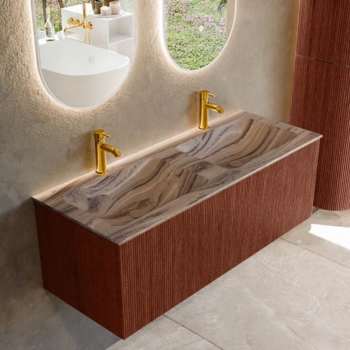 KURVE-DLUX 120cm mueble de baño color Ruby con 1 cajón y sin puerta. Lavabo LEAF Doble 2 orificios Sombra.