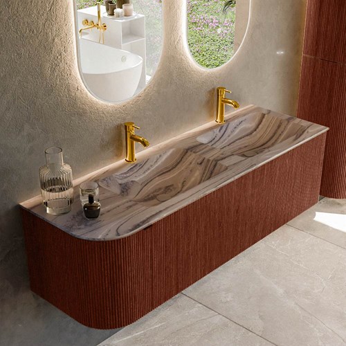 KURVE-DLUX 145cm mueble de baño curva Izquierda color Ruby con 1 cajón y 1 puerta. Lavabo LEAF Doble / Derecho 2 orificios Sombra.