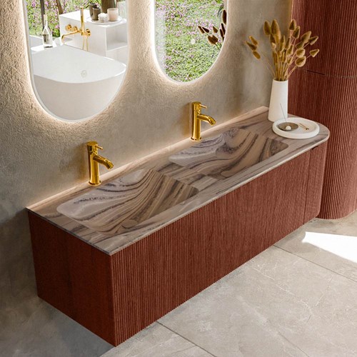 KURVE-DLUX 145cm mueble de baño curva Derecha color Ruby con 1 cajón y 1 puerta. Lavabo LEAF Doble / Izquierda 2 orificios Sombra.