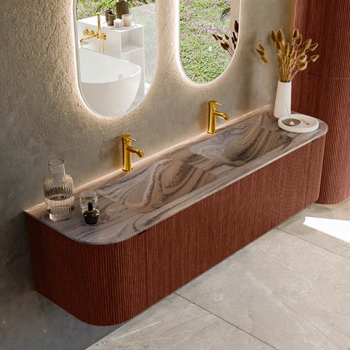 KURVE-DLUX 170cm mueble de baño curva Izquierda + Derecha color Ruby con 1 cajón y 2 puertas. Lavabo LEAF Doble 2 orificios Sombra.