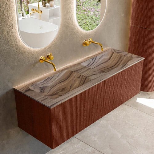 KURVE-DLUX 130cm mueble de baño color Ruby con 2 cajones y sin puerta. Lavabo LEAF Doble sin orificio Sombra.
