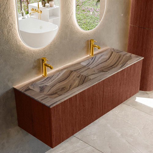 KURVE-DLUX 130cm mueble de baño color Ruby con 2 cajones y sin puerta. Lavabo LEAF Doble 2 orificios Sombra.