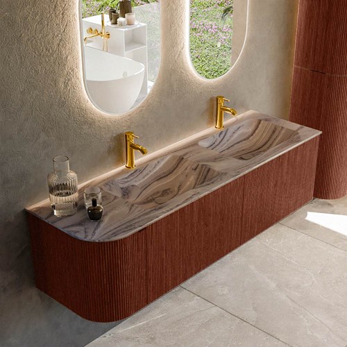 KURVE-DLUX 155cm mueble de baño curva Izquierda color Ruby con 2 cajones y 1 puerta. Lavabo LEAF Doble / Derecho 2 orificios Sombra.