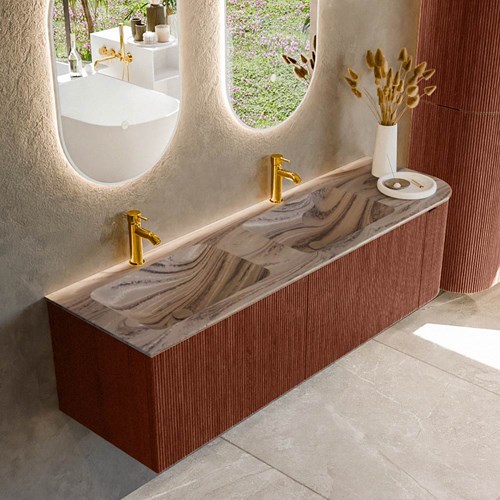 KURVE-DLUX 155cm mueble de baño curva Derecha color Ruby con 2 cajones y 1 puerta. Lavabo LEAF Doble / Izquierda 2 orificios Sombra.