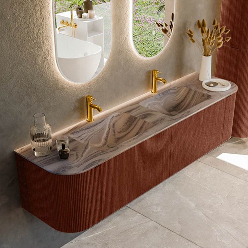 KURVE-DLUX 180cm mueble de baño curva Izquierda + Derecha color Ruby con 2 cajones y 2 puertas. Lavabo LEAF Doble 2 orificios Sombra.