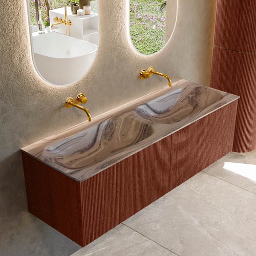 KURVE-DLUX 140cm mueble de baño color Ruby con 2 cajones y sin puerta. Lavabo STOR SMALL Doble sin orificio Sombra.