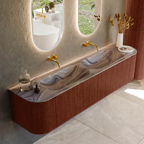 KURVE-DLUX 190cm mueble de baño curva Izquierda + Derecha color Ruby con 2 cajones y 2 puertas. Lavabo STOR SMALL Doble sin orificio Sombra.