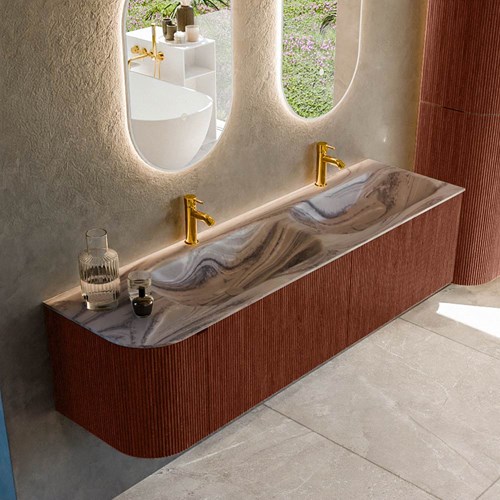 KURVE-DLUX 165cm mueble de baño curva Izquierda color Ruby con 2 cajones y 1 puerta. Lavabo STOR SMALL Doble / Derecho 2 orificios Sombra.