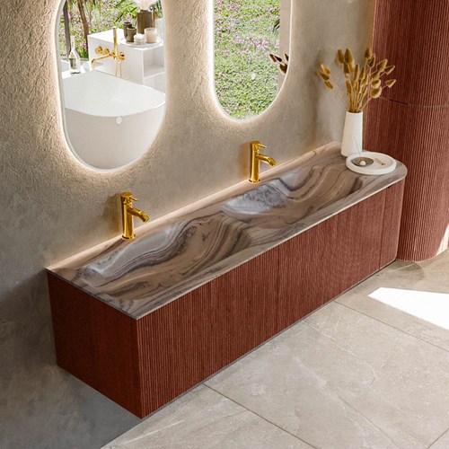 KURVE-DLUX 165cm mueble de baño curva Derecha color Ruby con 2 cajones y 1 puerta. Lavabo STOR SMALL Doble / Izquierda 2 orificios Sombra.