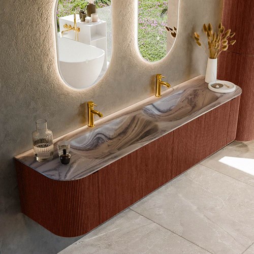 KURVE-DLUX 190cm mueble de baño curva Izquierda + Derecha color Ruby con 2 cajones y 2 puertas. Lavabo STOR SMALL Doble 2 orificios Sombra.