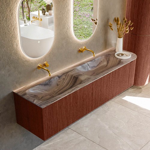 KURVE-DLUX 175cm mueble de baño curva Derecha color Ruby con 2 cajones y 1 puerta. Lavabo STOR SMALL Doble / Izquierda sin orificio Sombra.