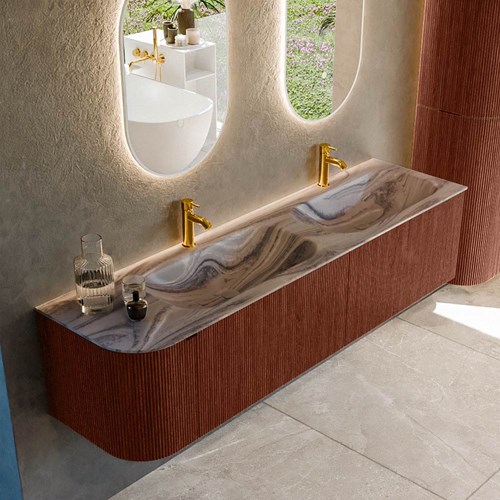KURVE-DLUX 175cm mueble de baño curva Izquierda color Ruby con 2 cajones y 1 puerta. Lavabo STOR SMALL Doble / Derecho 2 orificios Sombra.