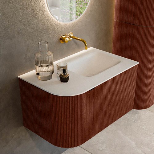 KURVE 75cm badmöbel kurve Links farbe Ruby mit 1 schublade und 1 tür. Einbauwaschbecken GRUNNE Rechts kein hahnloch Talc.