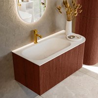 KURVE 95cm bathroom vanity set curve Right color Ruby with 1 drawer and 1 door. Vanity top BIG SMALL Left 1 tab hole, color Talc.