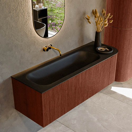 KURVE 135cm badmeubel ronding Rechts kleur Ruby met 1 lade en 1 deur. Wastafel BIG MEDIUM Links zonder kraangat Urban.