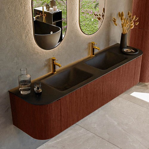 KURVE 180cm meubles de salle de bains courbe Gauche + Droite couleur Ruby avec 2 tiroirs et 2 portes. Lavabo CLOUD Double 2 trous robinetterie, couleur Urban.