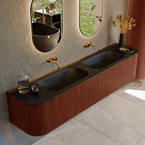 KURVE 200cm meubles de salle de bains courbe Gauche + Droite couleur Ruby avec 2 tiroirs et 2 portes. Lavabo BIG SMALL Double sans trou pour robinet, couleur Urban.