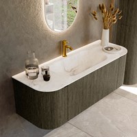 KURVE-DLUX 130cm bathroom vanity set curve Left + Right color Shadow with 1 drawer and 2 doors. Vanity top BIG SMALL Center 1 tab hole, color Frappe.