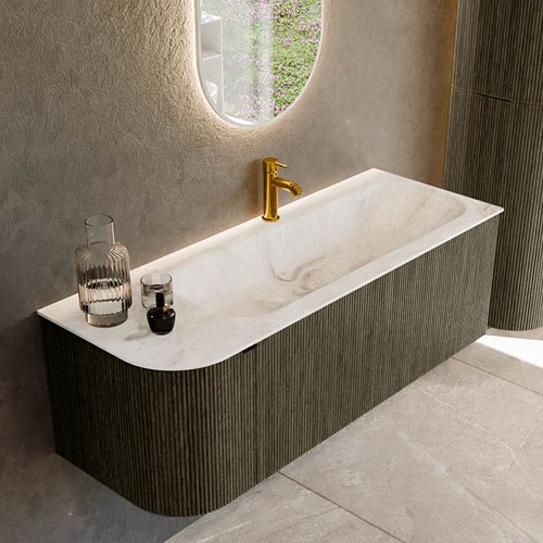 KURVE-DLUX 125cm bathroom vanity set curve Left color Shadow with 1 drawer and 1 door. Vanity top BIG MEDIUM Right 1 tab hole, color Frappe.