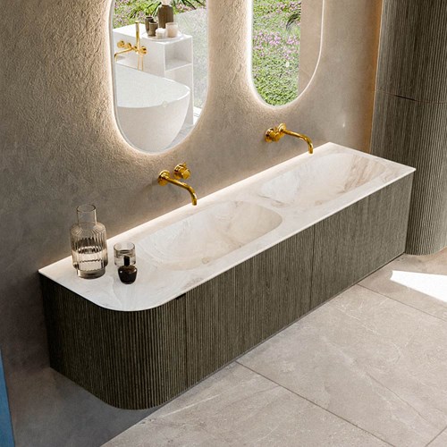 KURVE-DLUX 165cm mueble de baño curva Izquierda color Shadow con 2 cajones y 1 puerta. Lavabo STOR SMALL Doble / Derecho sin orificio Frappe.