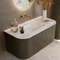 KURVE-DLUX 100cm meubles de salle de bains courbe Gauche + Droite couleur Shadow avec 1 tiroir et 2 portes. Lavabo GRUNNE Centrée sans trou pour robinet, couleur Glace.
