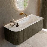 KURVE-DLUX 115cm meubles de salle de bains courbe Gauche couleur Shadow avec 1 tiroir et 1 porte. Lavabo BIG SMALL Droite sans trou pour robinet, couleur Glace.