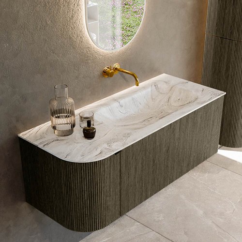 KURVE-DLUX 115cm meubles de salle de bains courbe Gauche couleur Shadow avec 1 tiroir et 1 porte. Lavabo BIG SMALL Droite sans trou pour robinet, couleur Glace.
