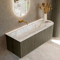 KURVE-DLUX 125cm bathroom vanity set curve Right color Shadow with 1 drawer and 1 door. Vanity top BIG MEDIUM Left without tab hole, color Glace.