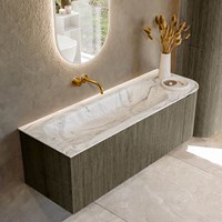 KURVE-DLUX 135cm meubles de salle de bains courbe Droite couleur Shadow avec 1 tiroir et 1 porte. Lavabo BIG MEDIUM Gauche sans trou pour robinet, couleur Glace.