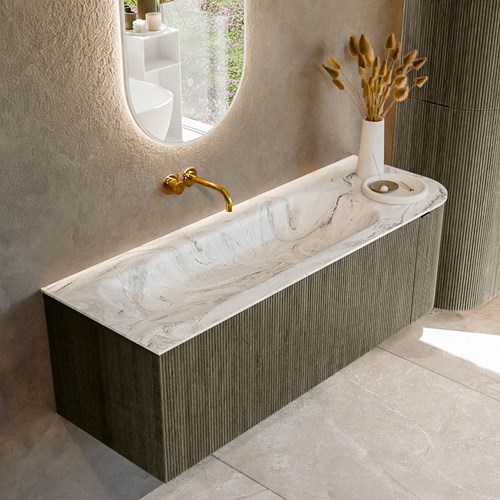 KURVE-DLUX 135cm meubles de salle de bains courbe Droite couleur Shadow avec 1 tiroir et 1 porte. Lavabo BIG MEDIUM Gauche sans trou pour robinet, couleur Glace.